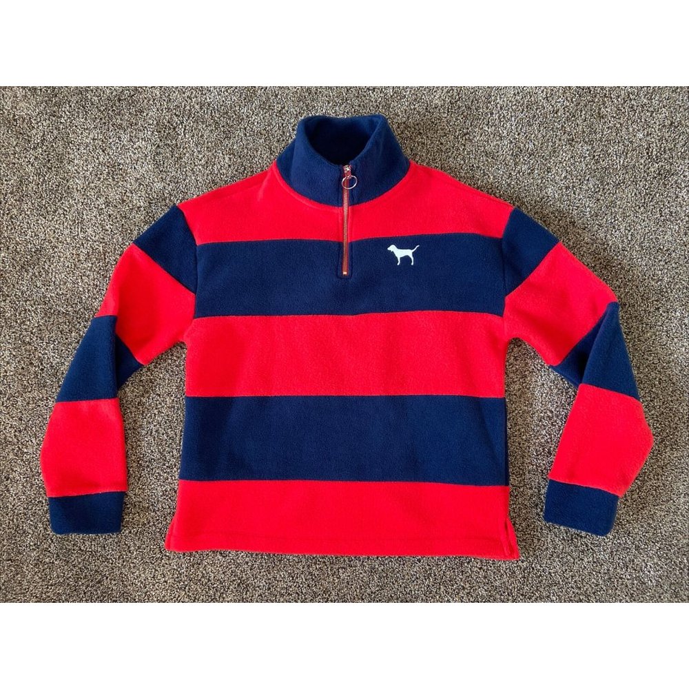 Victoria’s Secret PINK Red/Navy Striped Fleece Quarter Zip Women's Size X-SMALL